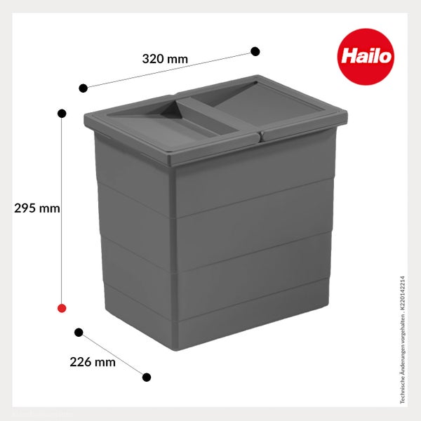 Grauer Abfalleimer-Einsatz von Hailo mit den Maßen 320 Millimeter Breite, 295 Millimeter Höhe und 226 Millimeter Tiefe. Hailo Logo.