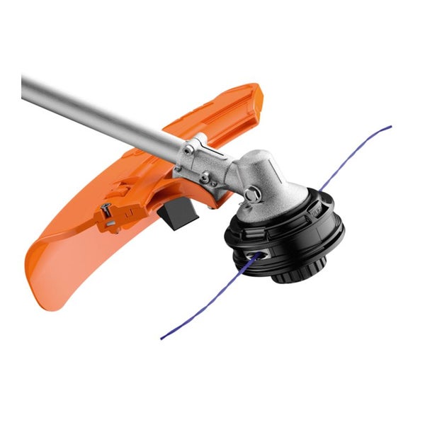 Detailaufnahme eines Rasentrimmers mit Schneidfaden und Schutzvorrichtung