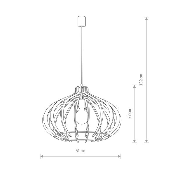Skizze einer Pendelleuchte mit Maßen: Gesamthöhe 132 Zentimeter, Schirmhöhe 37 Zentimeter, Schirmbreite 51 Zentimeter.