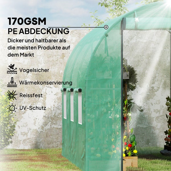 Outsunny Gewächshaus Foliengewächshaus mit 6 Fenster, Rolltür, Aufrollbar Seitenwänden, UV-beständiger Folientunnel, Winterfest Tomatenhaus mit Erdanker, Grün