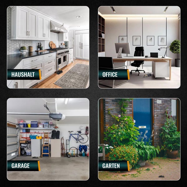 Vier Anwendungsbereiche für Schädlingsbekämpfung: moderne Küche, Büro mit Schreibtisch, aufgeräumte Garage und Garten mit Hauseingang.