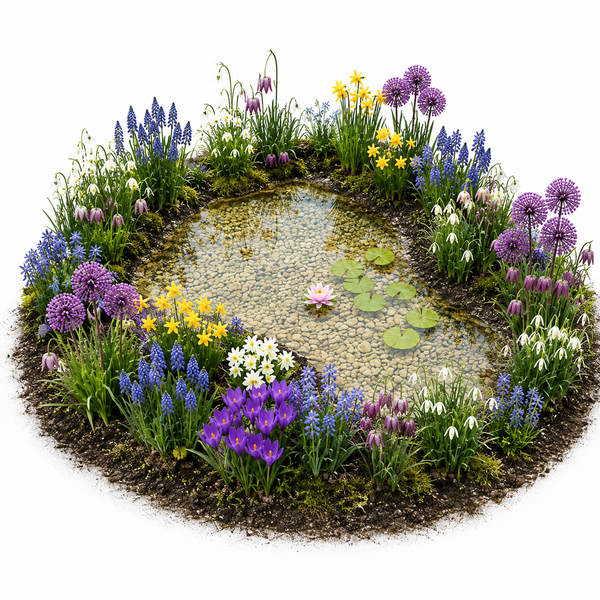 Ein kleiner Gartenteich, umgeben von einer Vielzahl blühender Frühlingsblumen wie Krokussen, Narzissen, Traubenhyazinthen und Schneeglöckchen.