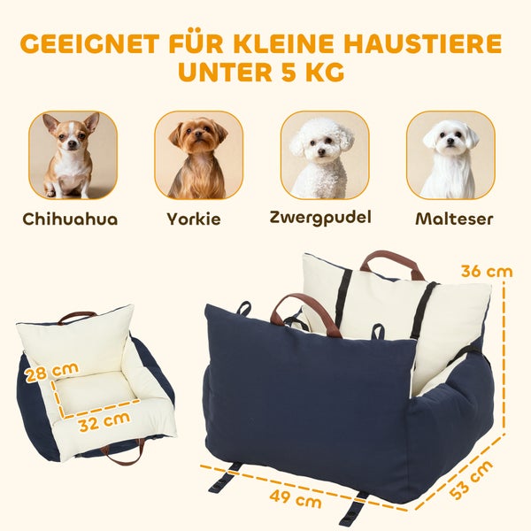 Hundesitz für Auto bis 5 Kilogramm, Maße 49 mal 53 mal 36 Zentimeter, Innen 32 mal 28 Zentimeter, für Chihuahua, Yorkie, Pudel und Malteser.