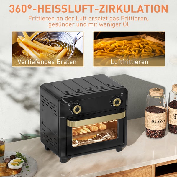 Schwarze Heißluftfritteuse und Mini-Backofen mit 360 Grad Heißluft-Zirkulation auf einer Küchenzeile, im Inneren werden Brötchen gebacken.