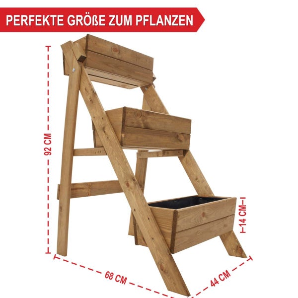 Dreistufige Pflanzentreppe aus Holz mit Maßen: Höhe 92 Zentimeter, Breite 68 Zentimeter, Tiefe 44 Zentimeter, Kastenhöhe 14 Zentimeter.