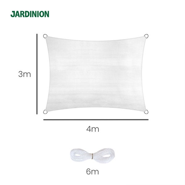 JARDINION Logo, rechteckiges Sonnensegel mit Metallösen, Maße 3 Meter mal 4 Meter, inklusive 6 Meter Befestigungsseil.