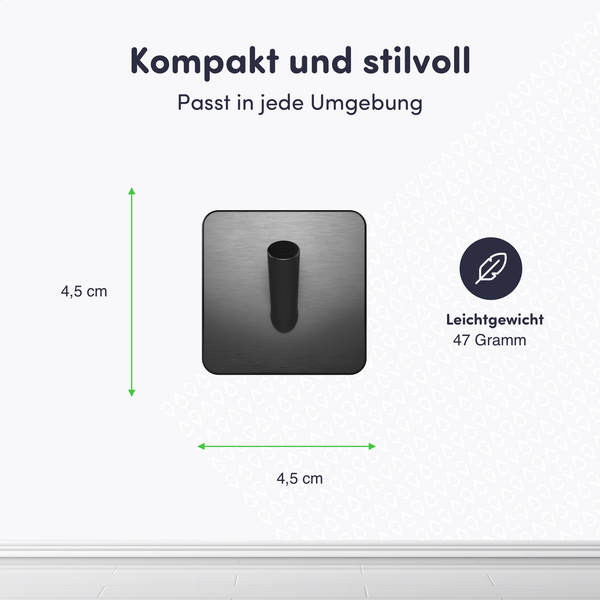 Quadratischer schwarzer Wandhaken mit den Maßen 4,5 Zentimeter mal 4,5 Zentimeter und einem Gewicht von 47 Gramm.