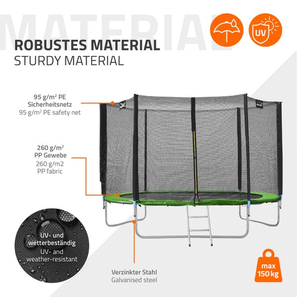 Hauki Trampolin Outdoor, Ø305 cm, Grün, GS geprüft, Rundes Gartentrampolin für Kinder bis 150 kg, Komplettset mit Sicherheitsnetz, Leiter, Randabdeckung, Gepolsterte Stangen, Stabile Kindertrampolin