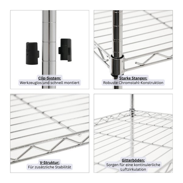 Detailansichten eines Schwerlastregals aus Stahl mit werkzeuglosem Clip-System, stabilen Rundstangen, verstärkender V-Struktur und Gitterböden.
