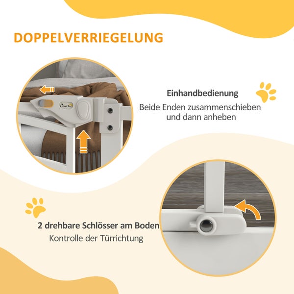 PawHut Hunde Treppenschutzgitter, Hundeabsperrgitter mit automatisch schließender Tür, 74-100 cm, Türschutzgitter mit Katzenklappe, ohne Bohren, Absperrgitter für Hunde, Weiß