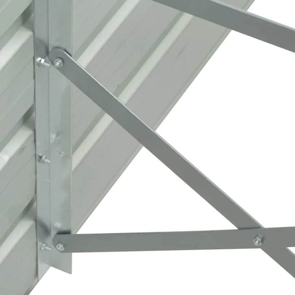 Detailansicht der internen Metallstreben und Querstreben eines Gerätehauses aus verzinktem Stahl mit Schraubverbindungen.