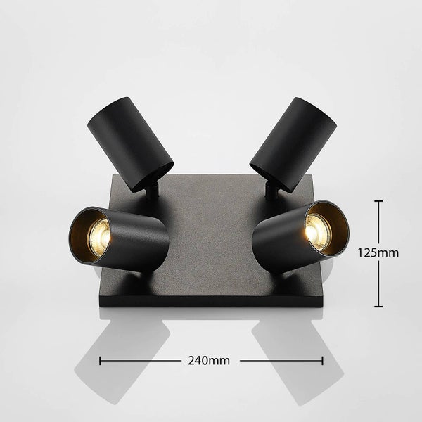 Schwarze Vierfach-Deckenleuchte mit den Maßen 240 mm mal 125 mm