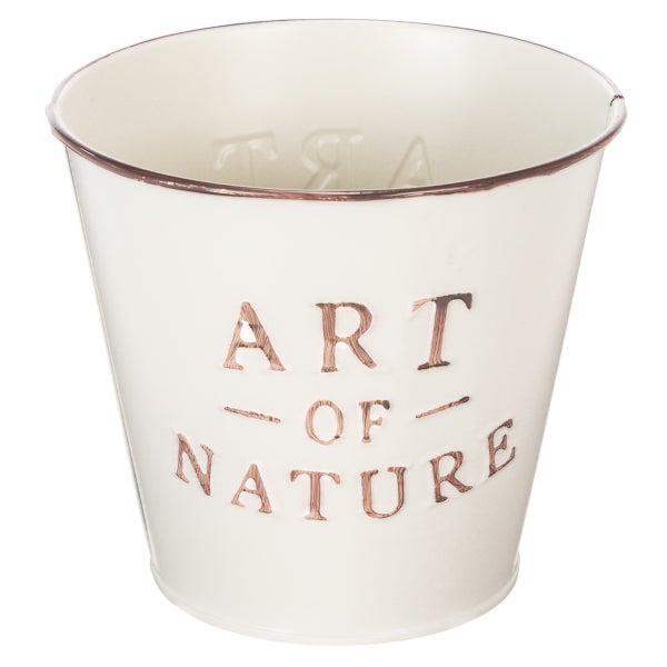 Metall-Übertopf mit Prägung Art of Nature, weiß mit kupferfarbenem Rand