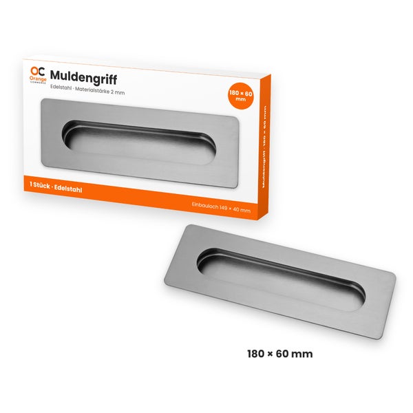 Rechteckiger Muldengriff aus Edelstahl, 180 mal 60 Millimeter, inklusive Verpackung von Orange Commerce Logo.