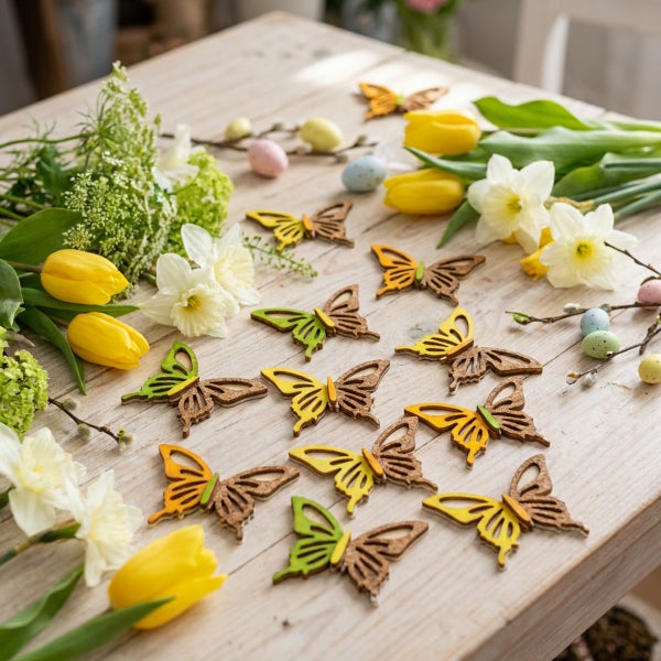 Dekorative Holzschmetterlinge fuer die Fruehjahrsdekoration auf einem Holztisch mit Fruehjahrsblumen und Ostereiern.