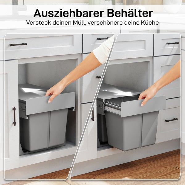 Ausziehbarer Mülleimer für Küchenunterschränke zur diskreten Abfallentsorgung mit einem Rollschienensystem für einfache Bedienung.