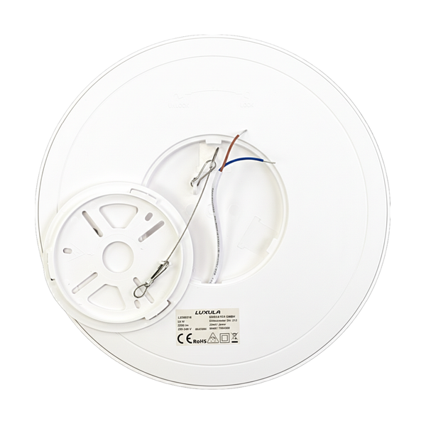 Rückansicht einer runden LED-Deckenleuchte mit abnehmbarer Montagehalterung, Sicherheitskabel und elektrischen Anschlüssen.