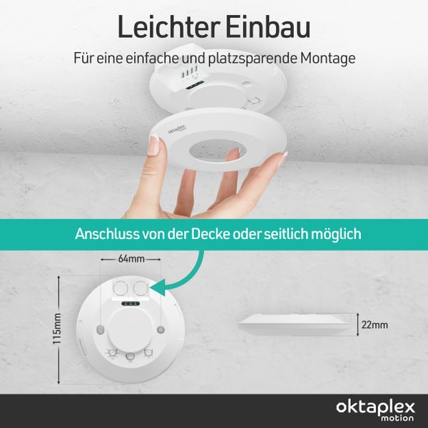 Bewegungsmelder mit Maßangaben für Decken- oder Seitenanschluss