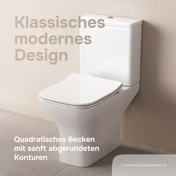 Stand WC mit Spülkasten und eckigem Becken mit abgerundeten Kanten in modernem Design.
