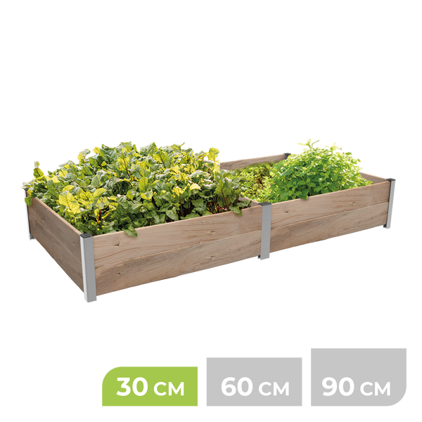 Hochbeet aus Holz mit Aluminium-Eckverbindern, bepflanzt mit Kräutern, Höhe 30 Zentimeter.