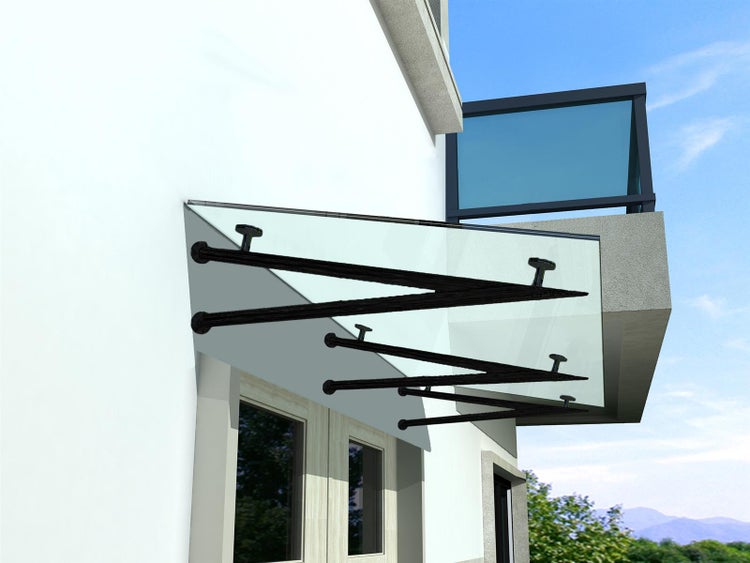 BuyLando (V) 170x90 cm Klarglas Glasvordach inkl. Edelstahlhalter in RAL 7016