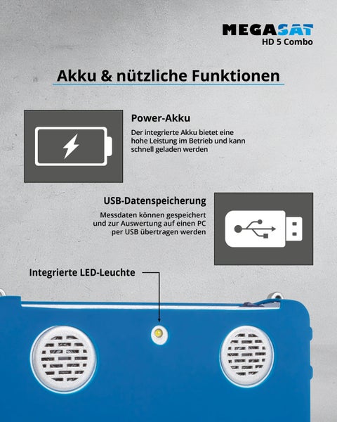 Megasat HD 5 Combo Satelliten Messgerät für die Ausrichtung von Satellitenanlagen mit LCD Bildschirm und Tastaturfeld.