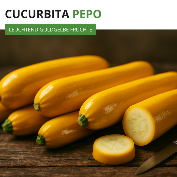 Gelbe Zucchini der Sorte Cucurbita Pepo auf einem Holztisch