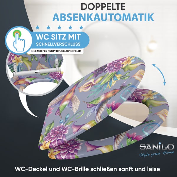 Toilettensitz mit Kolibris und Blumen, doppelte Absenkautomatik und Schnellverschluss per Knopfdruck. Sanilo Logo.
