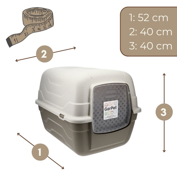 GarPet Katzentoilette mit GarPet Logo und Maßen: Länge 52 Zentimeter, Breite 40 Zentimeter und Höhe 40 Zentimeter.
