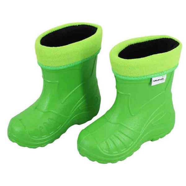 Grüne Galaflor Kinder-Gummistiefel aus leichtem Kunststoff mit weichem Textilrand und Profilsohle.