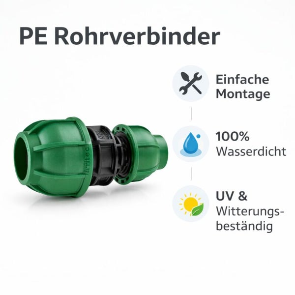 PE-Rohrverbinder mit den Eigenschaften einfache Montage, 100 Prozent wasserdicht sowie UV- und witterungsbeständig.