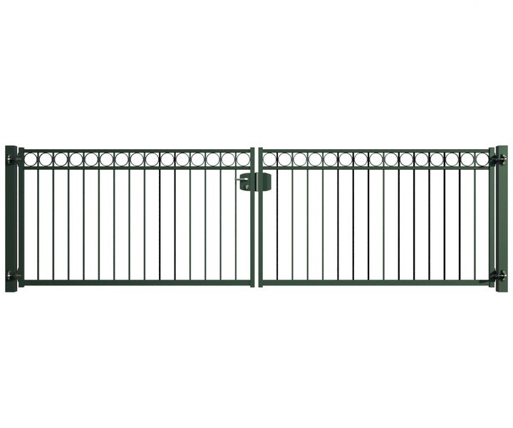 Doppeltor aus Metall mit geraden Stäben und Zierkreisen