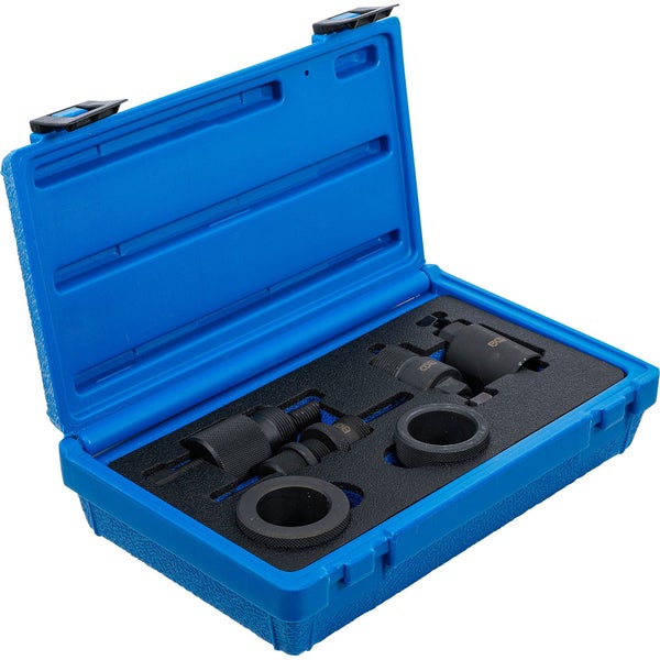 Werkzeugsatz in geöffnetem, blauem Koffer mit Schaumstoffeinlage