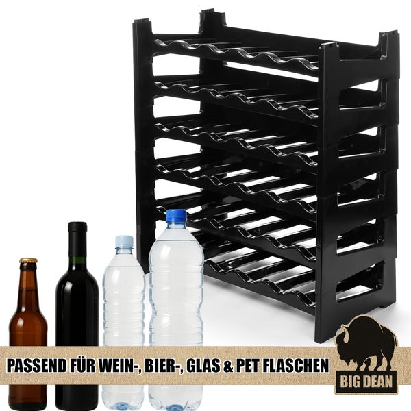 Schwarzes Flaschenregal mit Bier-, Wein-, Glas- und PET Flaschen