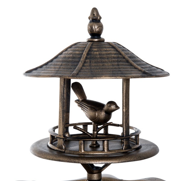 Dekoratives Gartenornament in Form eines Vogelhauses aus Metall mit Bronze-Finish, Pagodendach und Vogelfigur.
