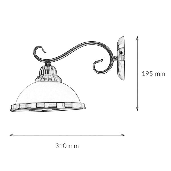 Wandleuchte mit den Massen 195 mm Höhe und 310 mm Breite.