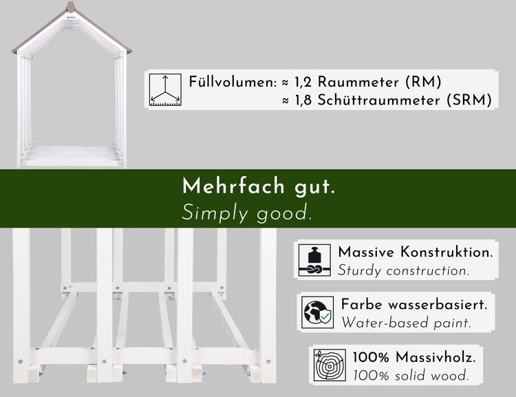 WONDERMAKE® Design Kaminholzregal aus Holz mit Dach außen, Brennholzregal Holzlager-Regal Feuerholzregal Kaminholzunterstand Kaminholzlager klein Brennholzlager draußen Outdoor, 1,8 SRM, weiß grau