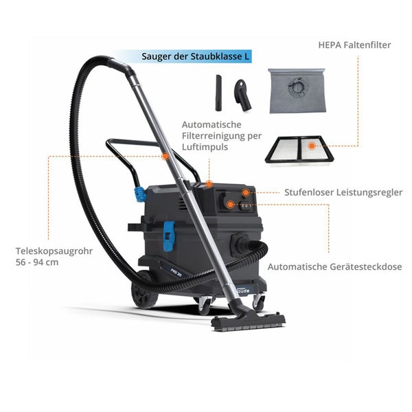Industriestaubsauger mit Teleskopsaugrohr, HEPA-Faltenfilter, automatischer Filterreinigung, stufenlosem Leistungsregler und automatischer Gerätesteckdose