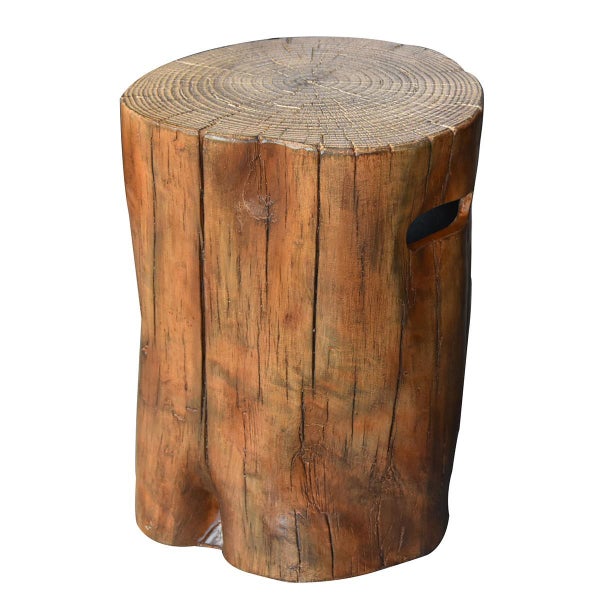 Hocker in Baumstamm-Optik mit Rindenstruktur, Jahresringen und seitlicher Griffaussparung.