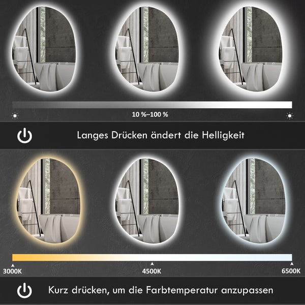 Darstellung verschiedener Helligkeits- und Farbtemperatureinstellungen eines Spiegels mit Beleuchtung