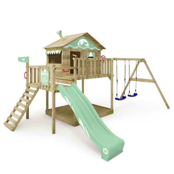 WICKEY Spielturm Klettergerüst Smart Coast mit Schaukel und Rutsche, Stelzenhaus mit Sandkasten, Kletterleiter und Spiel-Zubehör – pastellgrün