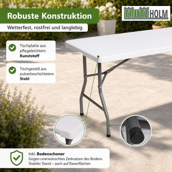 Robuster Trutzholm Klapptisch für außen mit Kunststoffplatte, pulverbeschichtetem Stahlgestell und Bodenschonern. Trutzholm Logo.