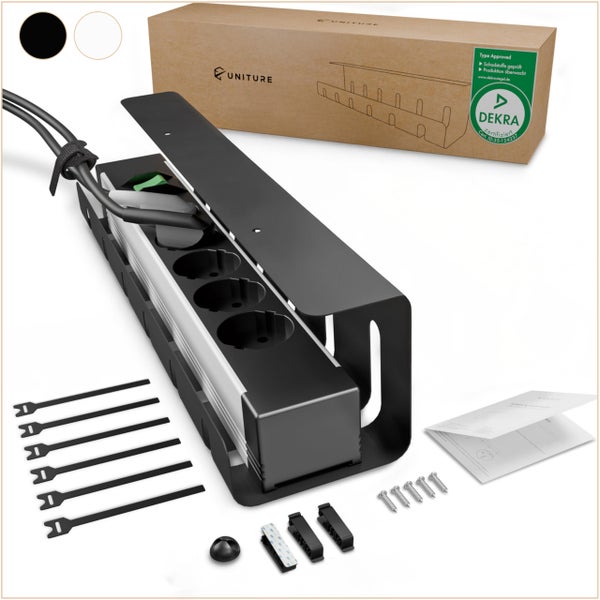 Uniture Kabelmanagement-Set mit schwarzem Kabelkanal, Steckdosenleiste, Kabelbindern, Schrauben und Anleitung. Dekra zertifiziert.