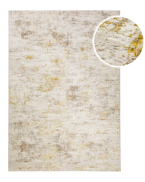 Teppich mit abstraktem Muster in Beige und Gold mit Detailansicht der Oberflächenstruktur.