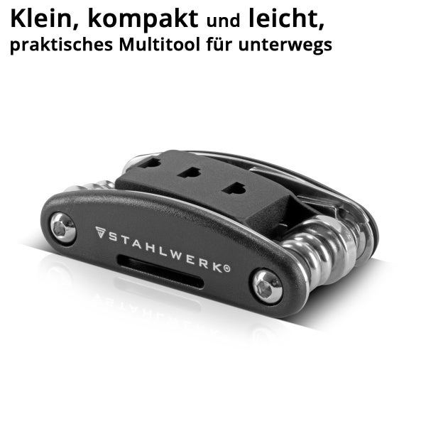 Kompaktes, leichtes Stahlwerk Multitool mit verschiedenen Innensechskantschlüsseln.