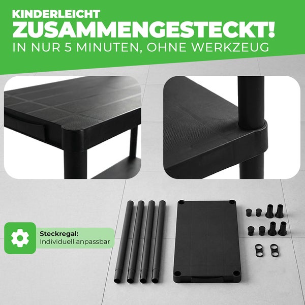 Kunststoff-Steckregal, werkzeuglose Montage in 5 Minuten, individuell anpassbar, zeigt Einzelteile und Eckverbindungen.