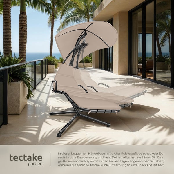 Hängeliege tectake Elaria 195 x 132 x 197 cm, mit Seitentasche großes Sonnendach mit UV-Schutz beige