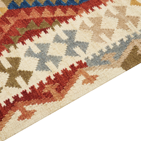 Teppich mit geometrischem Muster und Kreuzmotiven, gewebte Textur