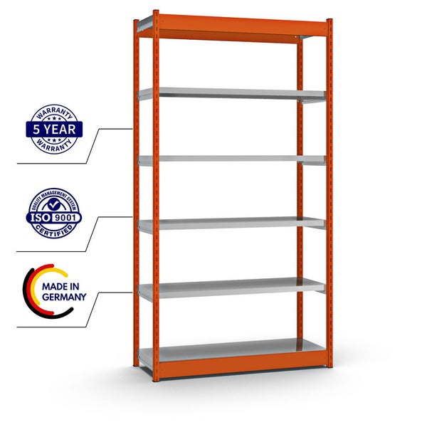 PROREGAL Fachbodenregal Stecksystem Vierkant-Profil Grundregal HxBxT 250 x 132,5 x 40 cm 6 Ebenen Einseitige Bauart Fachlast 200 kg Orange