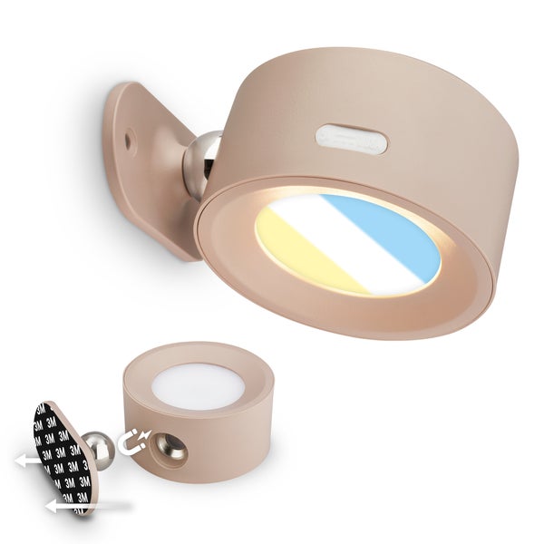 Beige runde LED Wandleuchte mit magnetischem Kugelgelenk für eine verstellbare Ausrichtung und 3M Klebebefestigung.